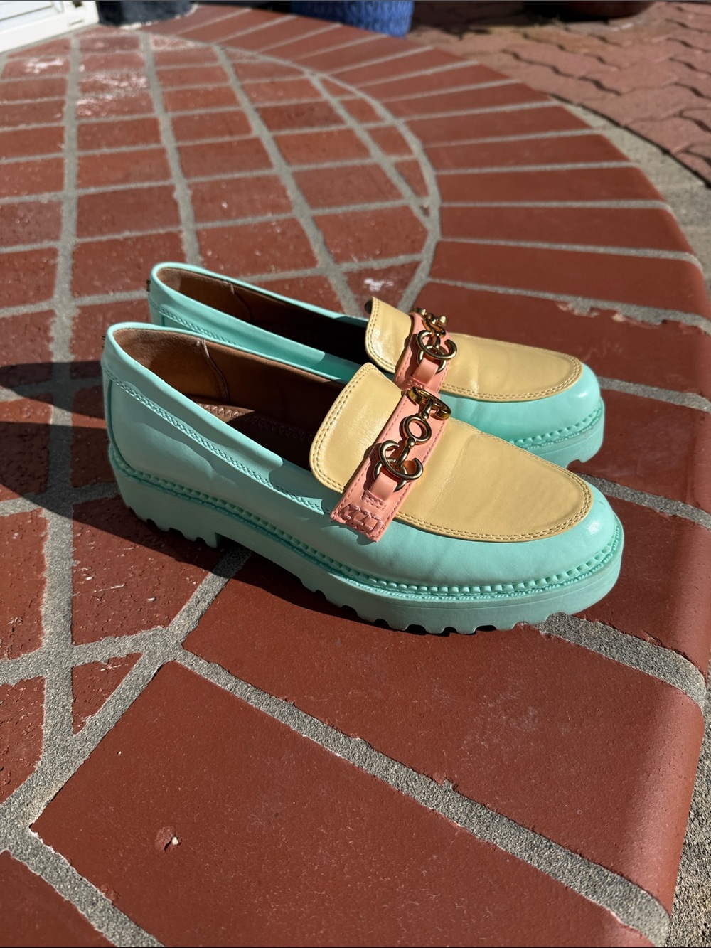Pastel Aqua and Yellow Leather Loafers with Coral Trim